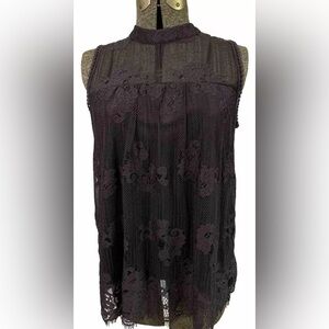 Shannon Ford New York Top PL Charcoal Gray Sheer Lace Mockneck Feminine Business